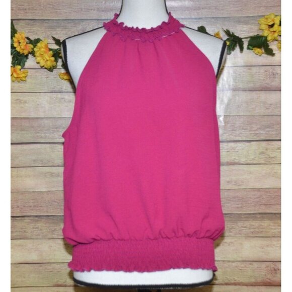 Gilli Magenta Pink Sleeveless Top Size L Ruffle Mock Neck Elastic Stretch Waist - Picture 1 of 9